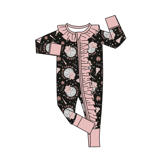 Preorder (moq 20)Baby Girls Bamboo Hats Balls Happy New Year Ruffle Zippy Footie Rompers