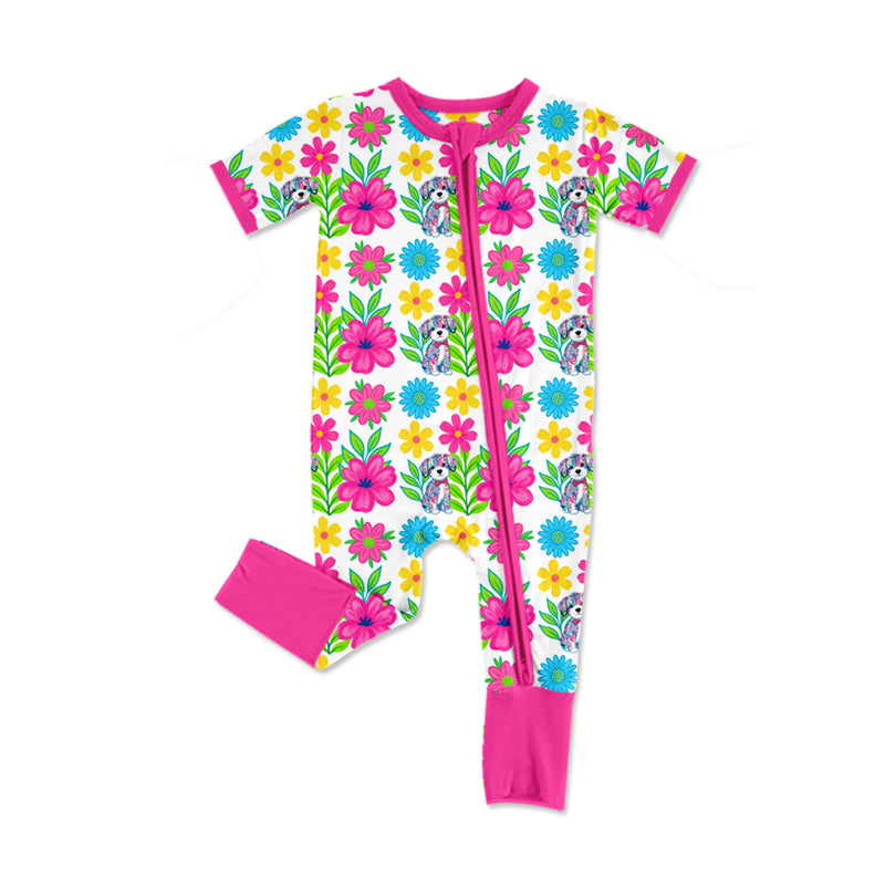 Preorder (moq 5)Baby Girls Floral Dogs Two Way Zipper Convertible Rompers