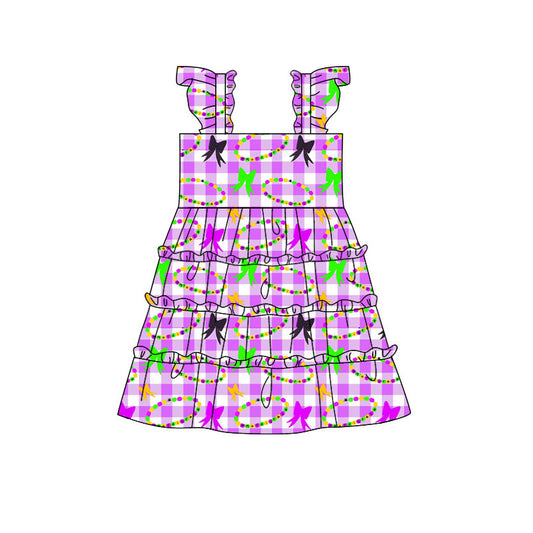 Preorder(moq 5) Baby Girls Mardigras Checked Bows Necklaces Patchwork Knee Length Dress
