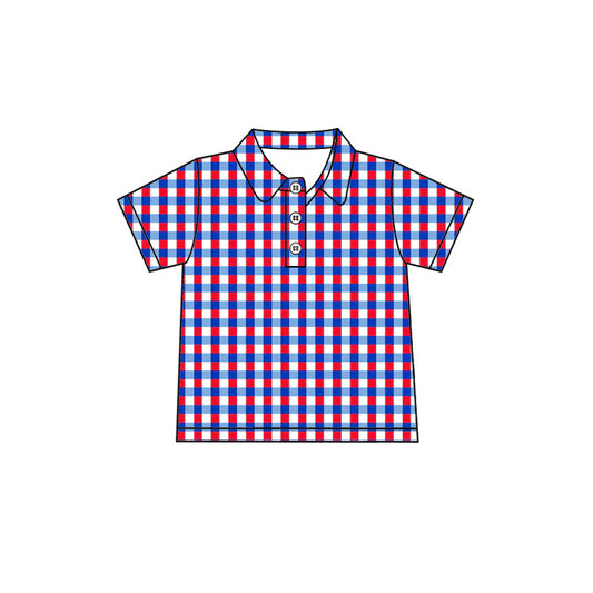 Preorder moq 5 Baby Boys Short Sleeve Red Blue Checked 4th of July Button Polo Shirt Top