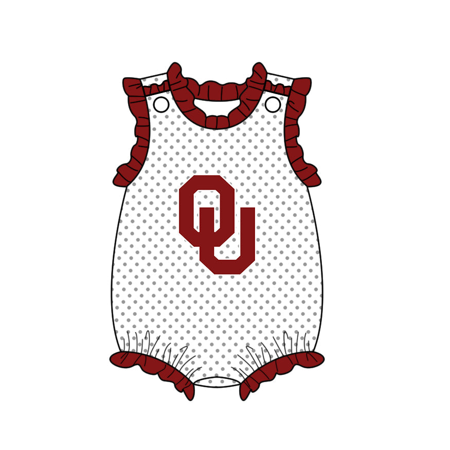 Preorder (moq 5)Baby Girls Polka Dots OU Team Ruffle Rompers