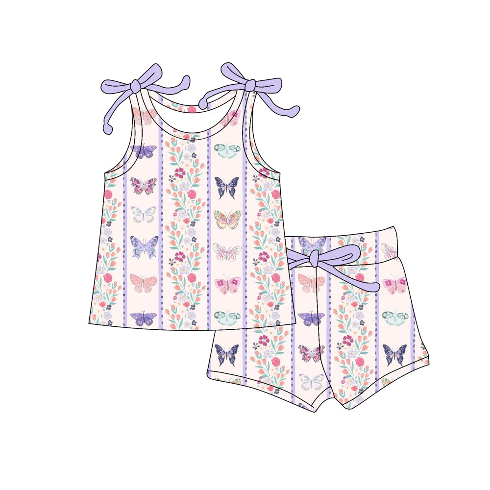 Preorder (moq 5)Baby Girls Colorful Flowers Butterfly Stripe Top Shorts Clothes Sets