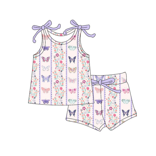 Preorder (moq 5)Baby Girls Colorful Flowers Butterfly Stripe Top Shorts Clothes Sets