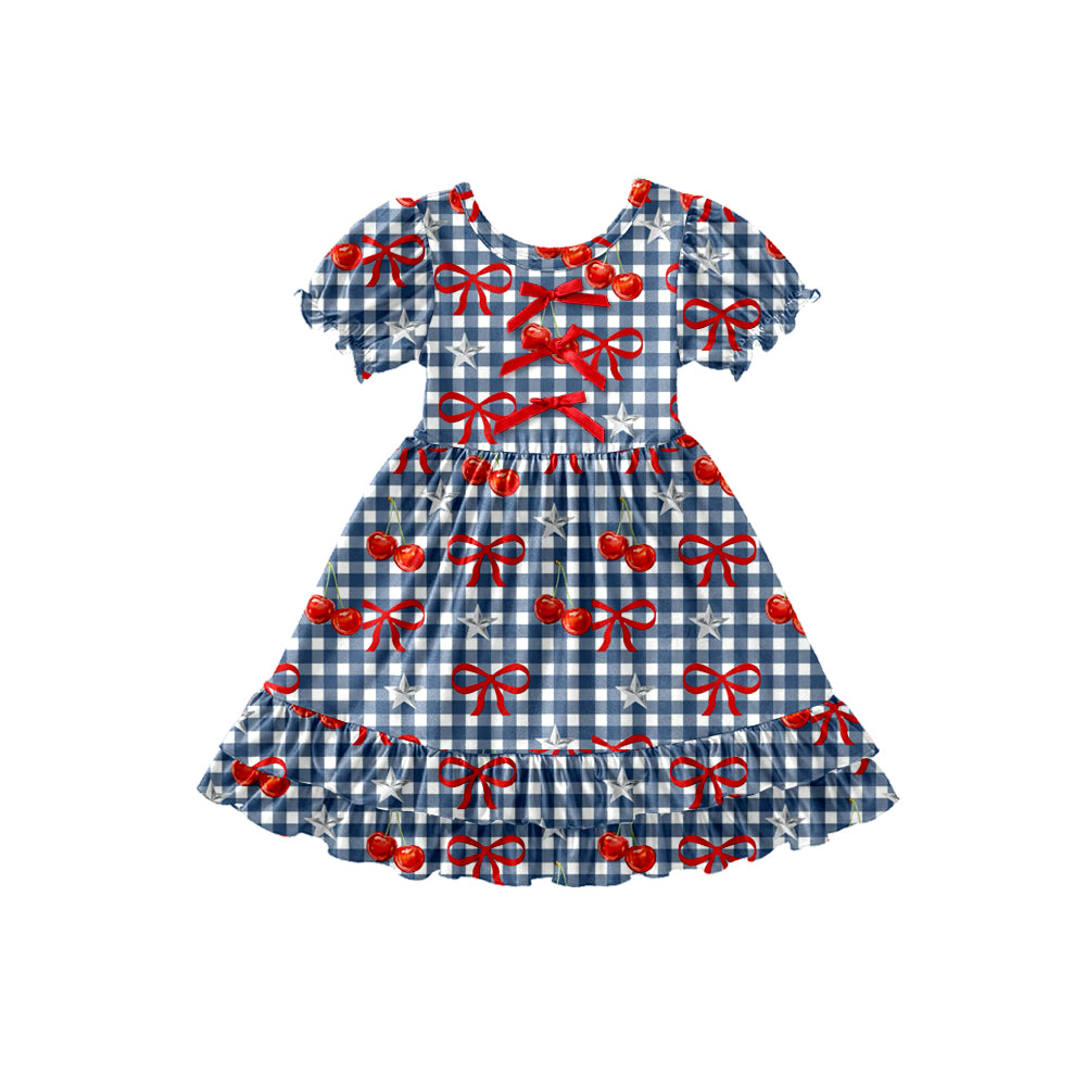 Preorder (moq 5)Baby Girls Bows Cherry Checked Ruffle Knee Length Dresses