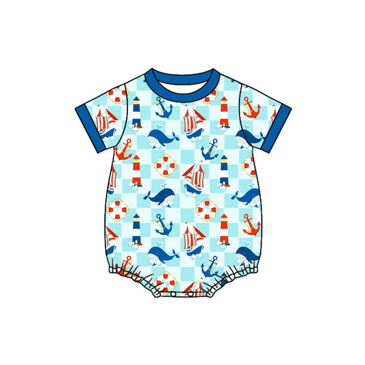 preorder(moq 5) Baby Boys Short Sleeve Blue Checked Whales Boats Rompers