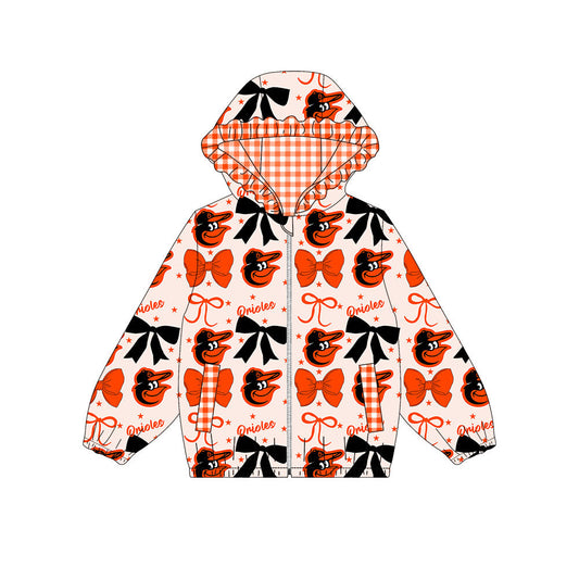 Preorder(moq 8)Baby Girls Orange Black Bows Orioles Pockets Zipper Team Ruffle Hoodies Jackets
