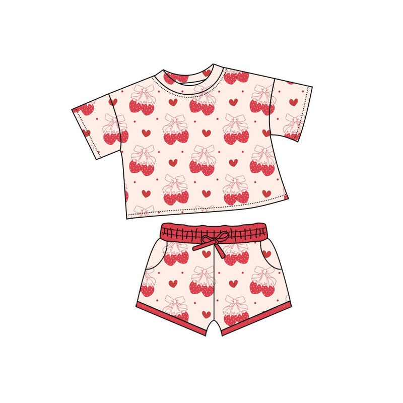 Preorder(moq 5) Baby Girls Hearts Strawberry Top Pockets Shorts Valentine Clothes Sets