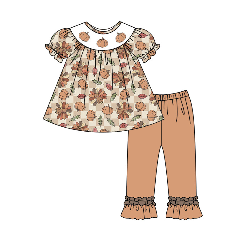 Preorder moq 5 Baby Girls Short Ruffle Sleeves Turkey Pumpkins Plaid Tunic Ruffle Pants Set