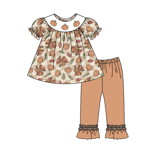 Preorder moq 5 Baby Girls Short Ruffle Sleeves Turkey Pumpkins Plaid Tunic Ruffle Pants Set