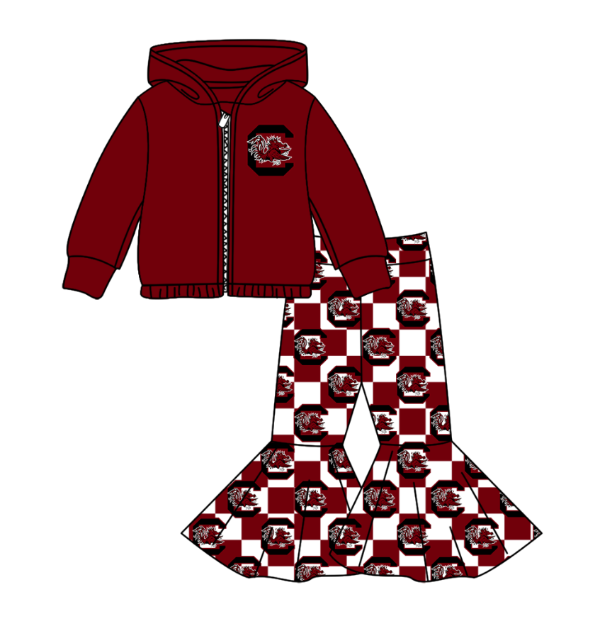 Preorder(moq 5) Baby Girls Dark Red C Bulls Zipper Hoodie Jacket Bell Bottom Pants Team Clothes Sets
