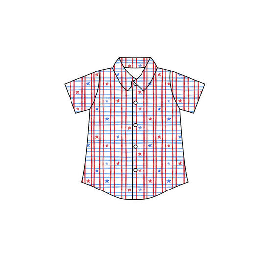 Preorder moq 5 Baby Boys Short Sleeve Red Blue Stars Checked 4th of July Button Shirt Top
