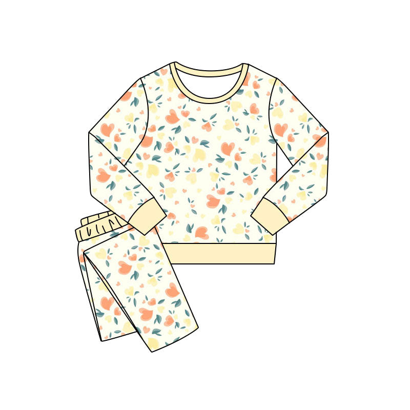 Preorder(moq 5) Baby Girls Pink Yellow Hearts Floral Pants Valentines Pajamas Sets