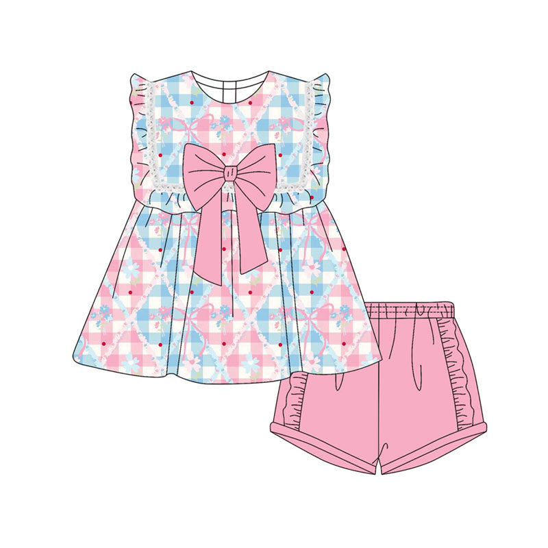 Preorder(moq 5) Baby Girls Flowers Bows Checked Tunic Ruffle Shorts Clothes Sets