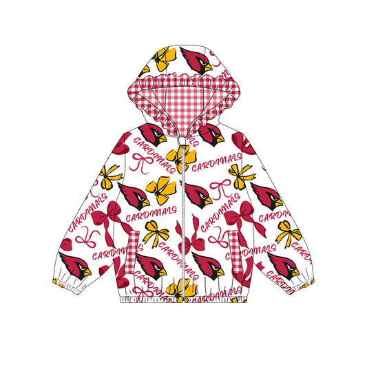 Preorder(moq 8)Baby Girls Gold Red Bows Cardinals Pockets Zipper Team Ruffle Hoodies Jackets