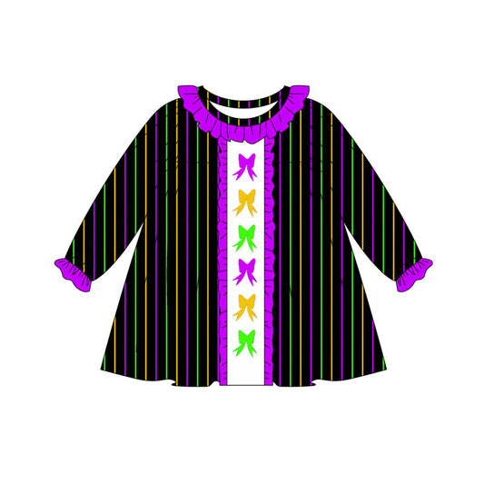 Preorder(moq 5) Baby Girls Mardigras Bows Stripes Ruffle Collar Knee Length Dresses