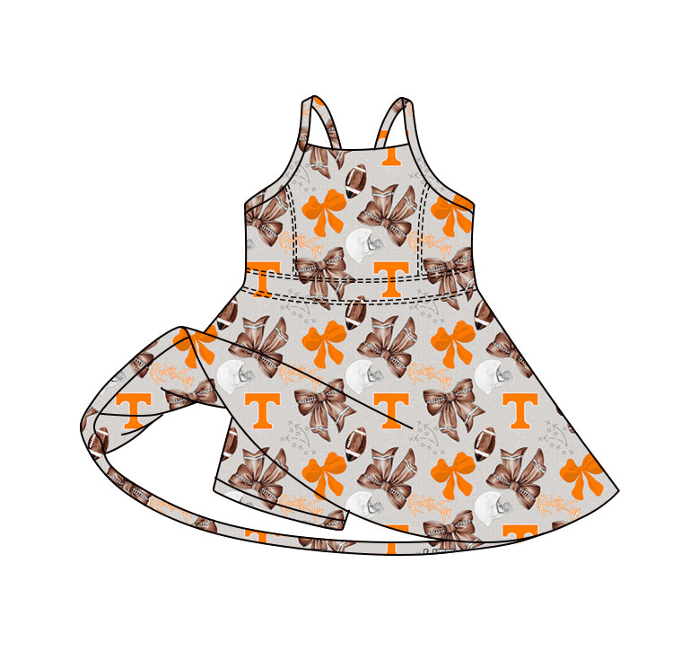 Preorder (moq 5)Baby Girls Strap Bows Footballs T Team Shorts Knee Length Dresses