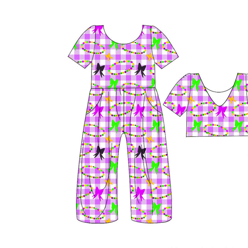 Preorder(moq 5) Baby Girls Mardigras Checked Bows Necklaces Pockets Pant Jumpsuits