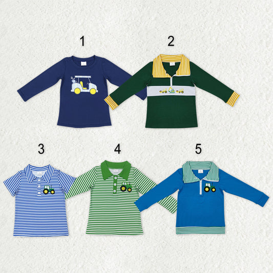 Sibling Baby Boys Embroidery Trucks Golf Bus Excavators Button Zipper Shirts Tops