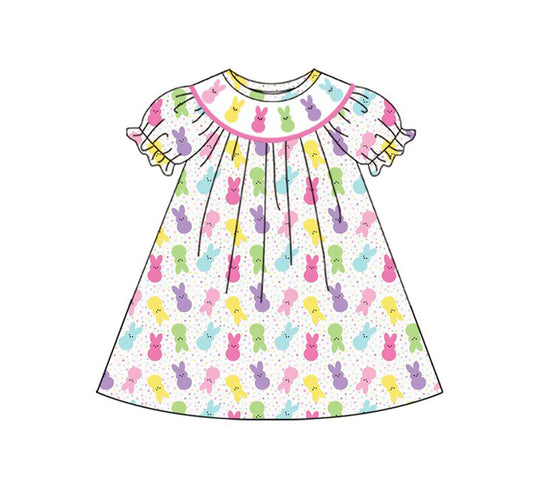 Preorder(moq 8)Baby Girls Colorful Rabbits Polka Dots Easter Knee Length Dresses