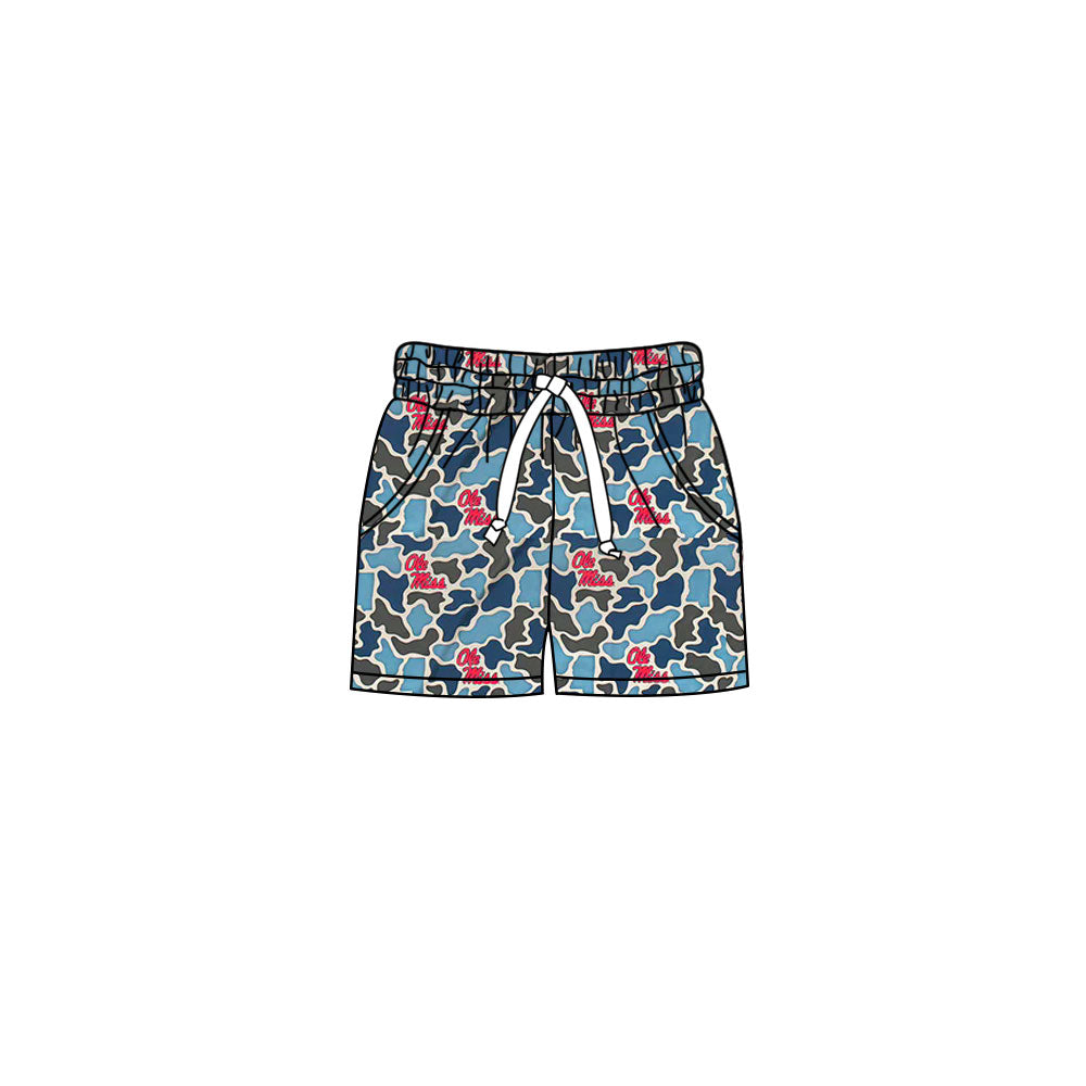 Preorder (moq 5)Baby Girls Southern Blue Camo Ole Miss Team Pockets Shorts Bottom