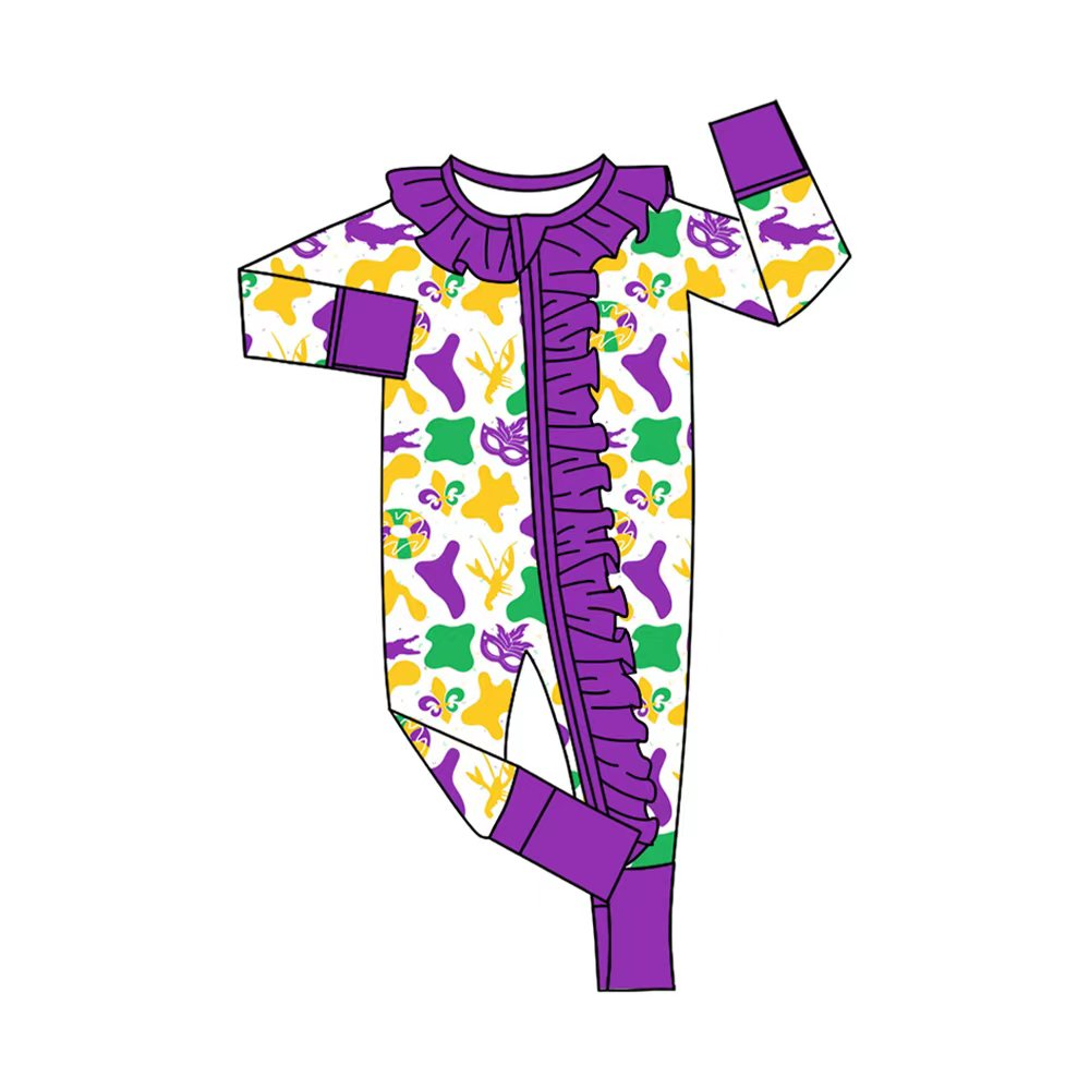 Preorder (moq 20)Baby Girls Bamboo Mardi Gras Camo Glasses Ruffle Zippy Footie Rompers
