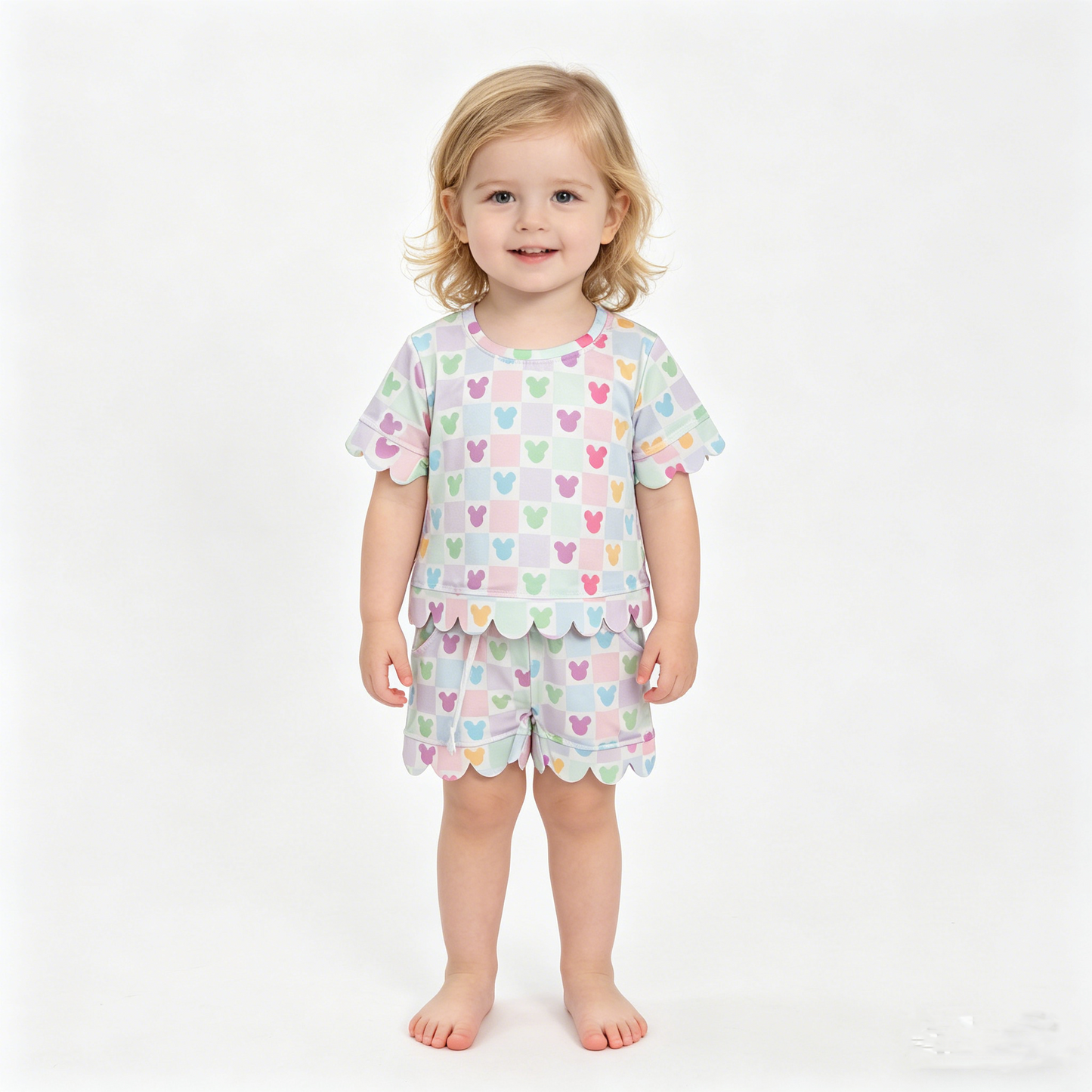 Baby Girls Cartoon Mouses Checked Top Short Scallop Clothes Sets
