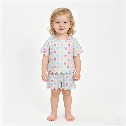 Baby Girls Cartoon Mouses Checked Top Short Scallop Clothes Sets