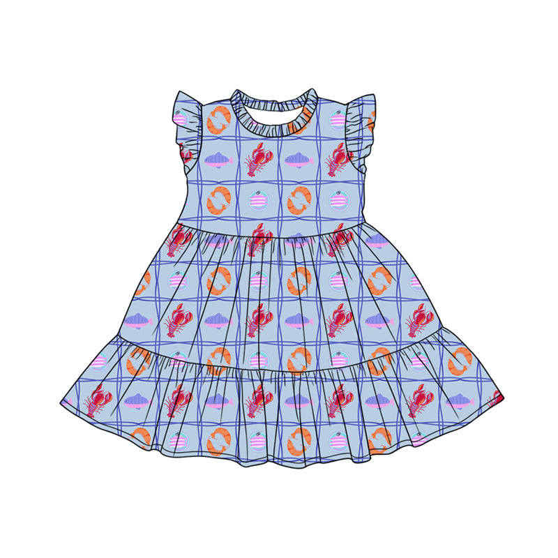 Preorder moq 5 Baby Girls Flutter Sleeve Crayfishes Fishing Patchwork Knee Length Dresses
