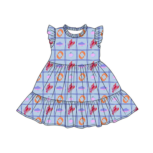 Preorder moq 5 Baby Girls Flutter Sleeve Crayfishes Fishing Patchwork Knee Length Dresses