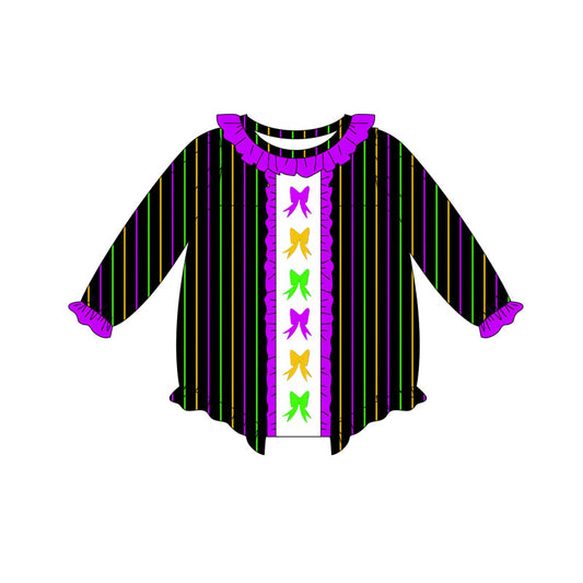 Preorder (moq 5)Baby Girls Mardigras Bows Stripes Ruffle Collar Rompers