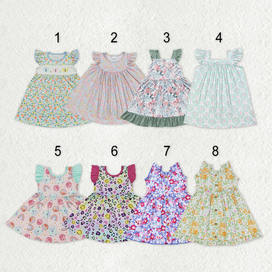 Sibling Baby Girls Flowers Plaid Flutter Sleeve Ruffle Knee Length Dresses