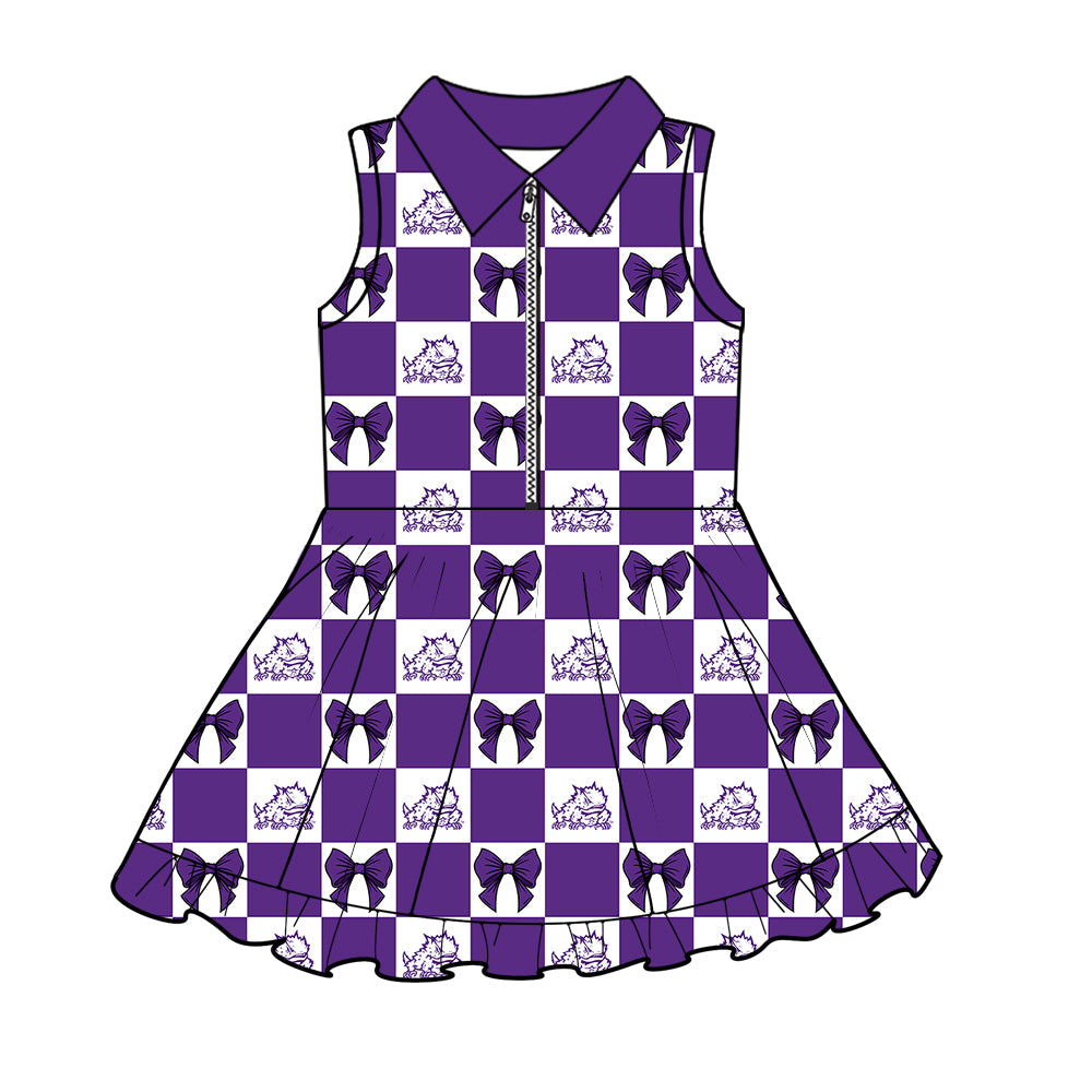 Preorder (moq 5)Baby Girls Purple TCU Bows Checked Zipper Short Knee Length Dresses