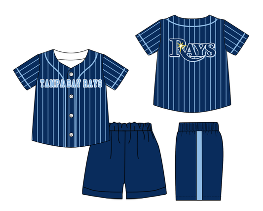 Preorder (moq 5)Baby Boys Blue Stripe Tampa Bay Rays Button Top Shorts Team Clothes Sets