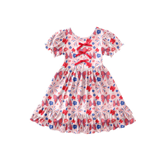 Preorder (moq 5)Baby Girls Flowers Popsicle 4th of July Ruffle Knee Length Dresses