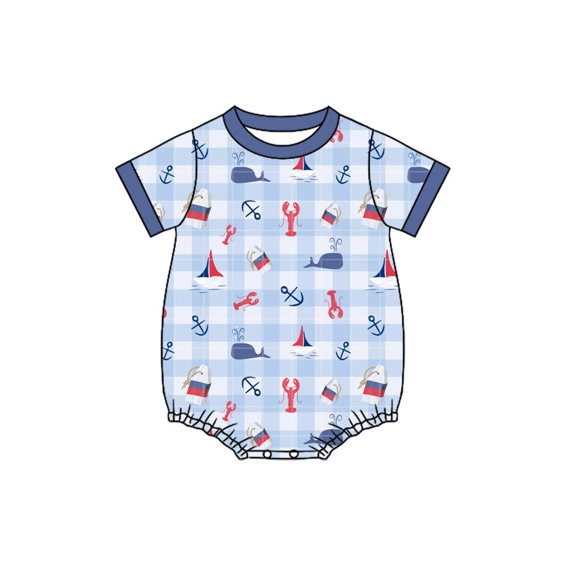 preorder(moq 5) Baby Boys Short Sleeve Blue Checked Crayfishes Boats Rompers