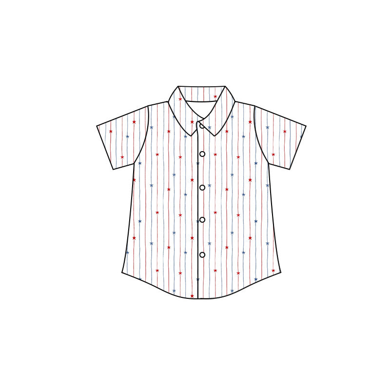 Preorder moq 5 Baby Boys Short Sleeve Red Blue Stars Stripe 4th of July Button Shirt Top