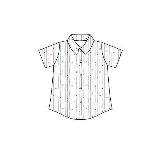 Preorder moq 5 Baby Boys Short Sleeve Red Blue Stars Stripe 4th of July Button Shirt Top