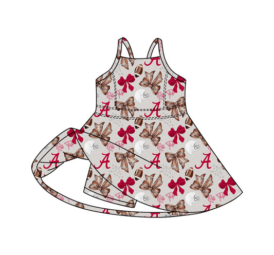 Preorder (moq 5)Baby Girls Strap Bows Footballs A Team Shorts Knee Length Dresses