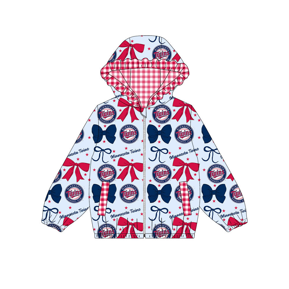 Preorder(moq 8)Baby Girls Blue Red Bows Twins Pockets Zipper Team Ruffle Hoodies Jackets