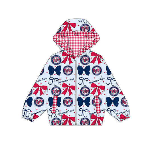 Preorder(moq 8)Baby Girls Blue Red Bows Twins Pockets Zipper Team Ruffle Hoodies Jackets