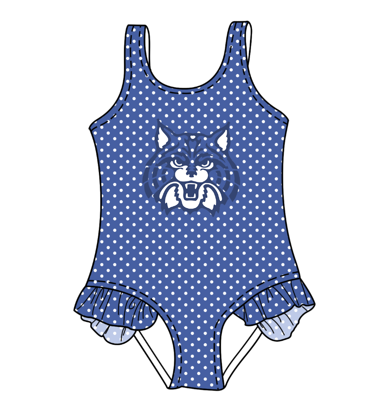Preorder moq 5 Baby Girls Sleeveless Blue Polka Dots Wildcats Team Swimsuits