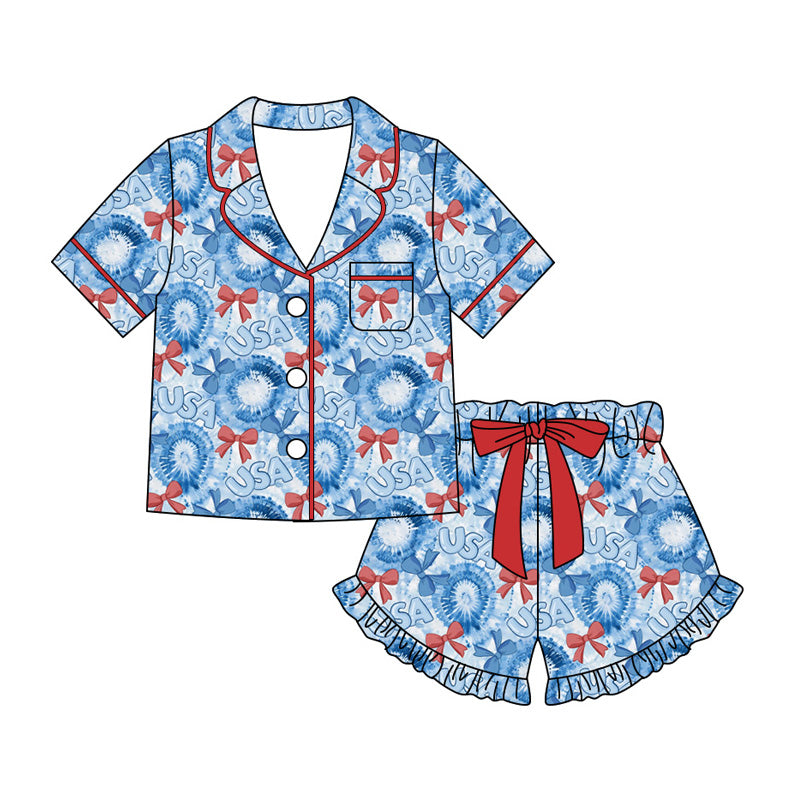 Preorder moq 5 Adult Women Bows USA Button Pocket Top Ruffle Short 4th of July Pajamas Sets