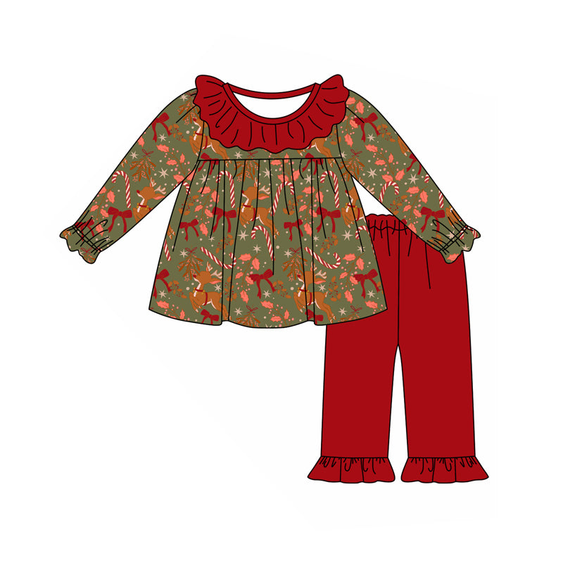 Preorder (moq 5)Baby Girls Red Long Sleeves Deer Bows Tunic Ruffle Pant Sets