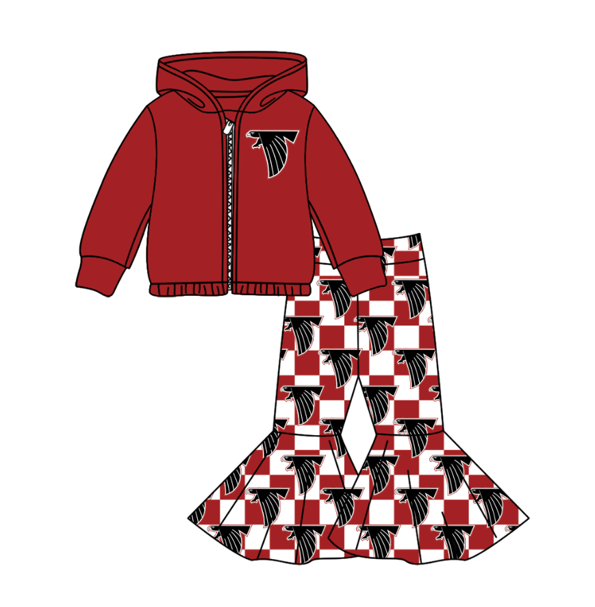 Preorder(moq 5) Baby Girls Red Eagles Zipper Hoodie Jacket Bell Bottom Pants Team Clothes Sets