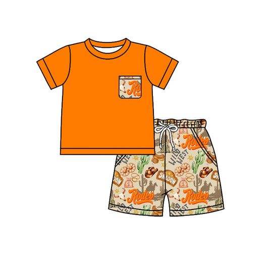 Preorder (moq 5)Baby Boys Orange Short Sleeves Pocket Top Cactus Hats Shorts Wild Western Set