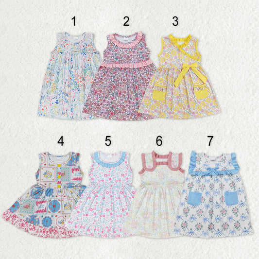 Sibling Baby Girls Sleeveless Flowers Pockets Ruffle Knee Length Dresses