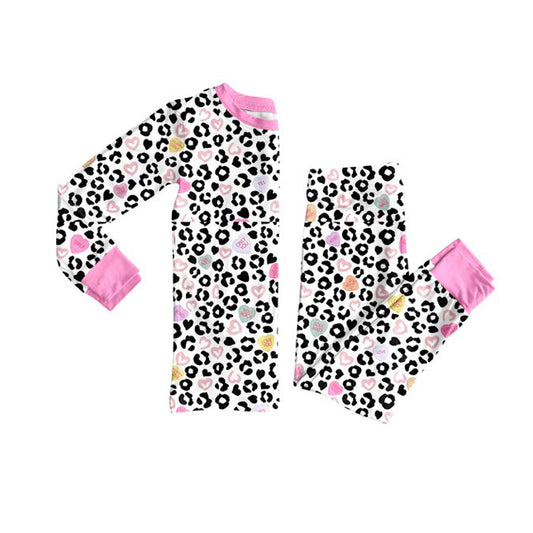 Preorder(moq 8)Baby Girls Hearts Leopard Top Pants Valentine Pajamas Sets