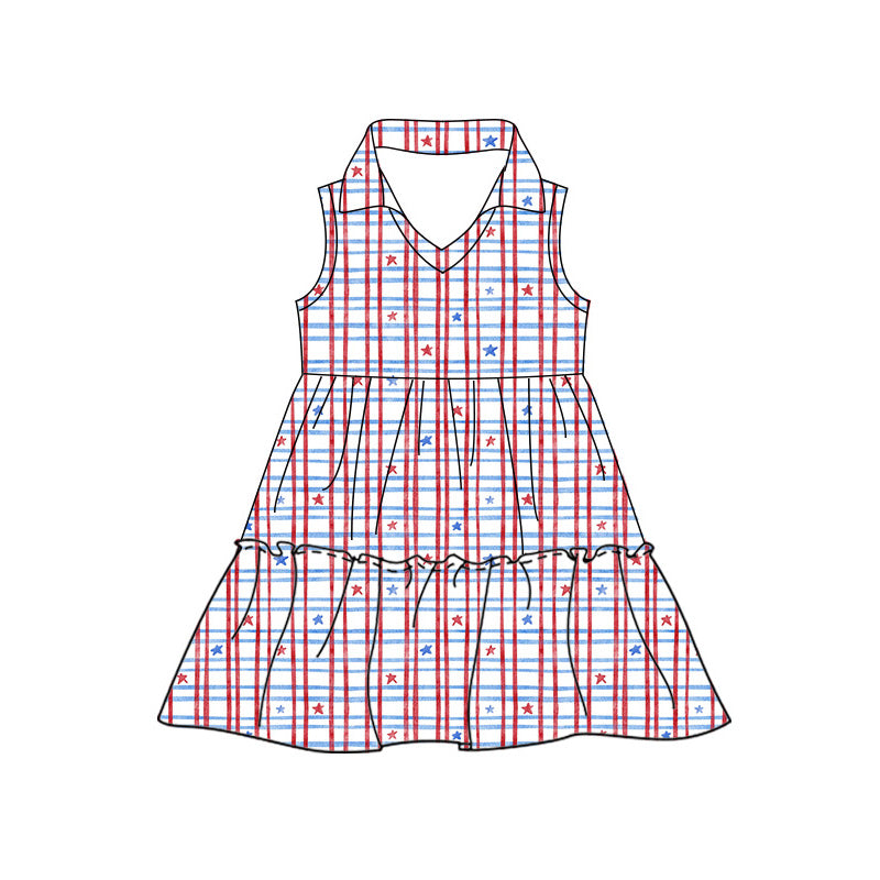 Preorder moq 5 Baby Girls Sleeveless Red Blue Stars Checked 4th of July Knee Length Dress