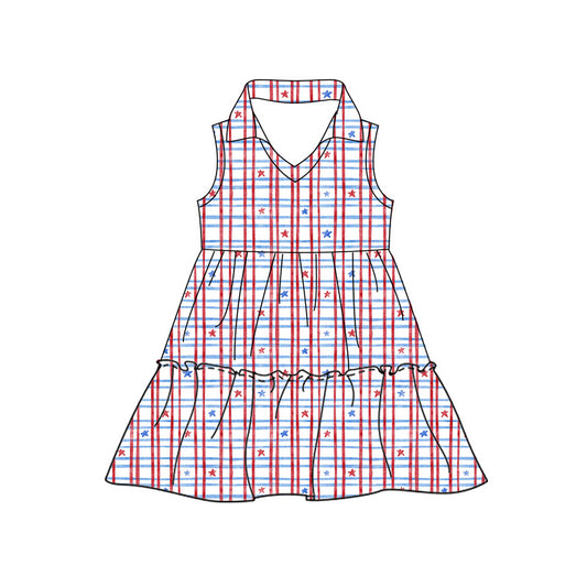 Preorder moq 5 Baby Girls Sleeveless Red Blue Stars Checked 4th of July Knee Length Dress