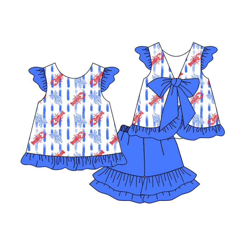 Preorder (moq 5)Baby Girls Crayfishes Stripe Back Bows Tunic Ruffle Short Clothes Sets